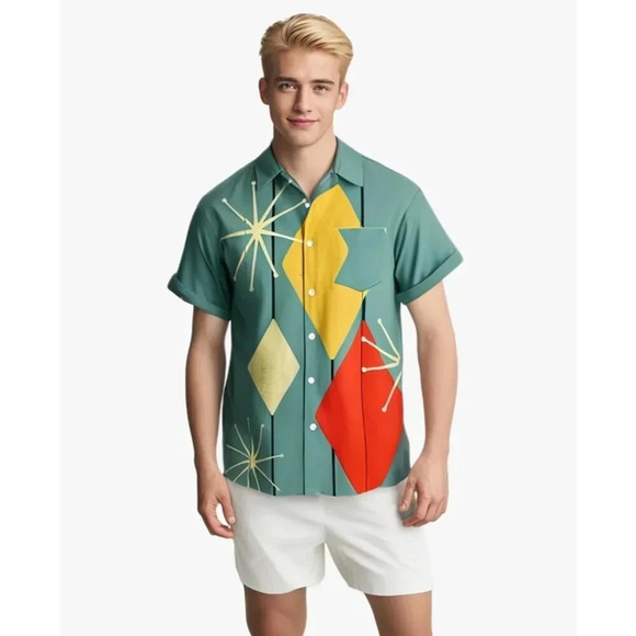 ❤️Men Green Print Short Sleeve Hawaiian Fit Casual  Button Down Beach Shirts - Picture 4 of 7